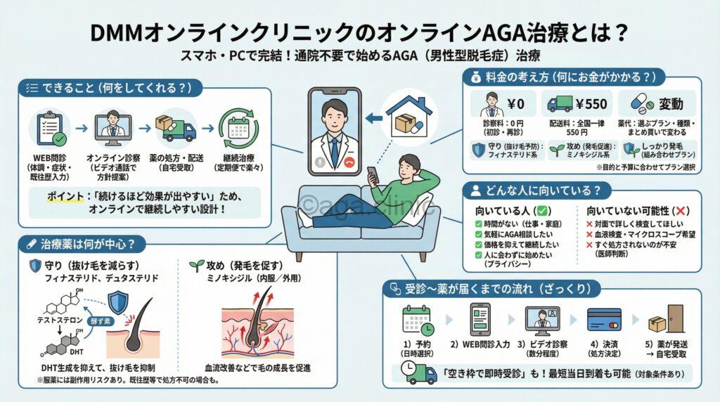 DMMオンラインクリニック男性AGA治療の当サイトオリジナル解説イラスト