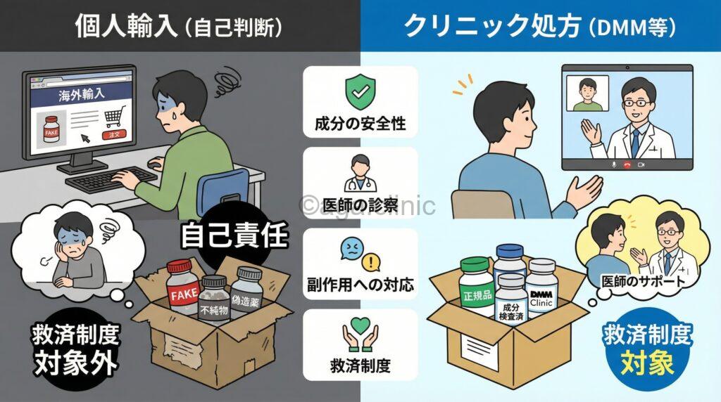 個人輸入とクリニック処方（DMM）の違いを解説した当サイトオリジナル解説イラスト（男性版）