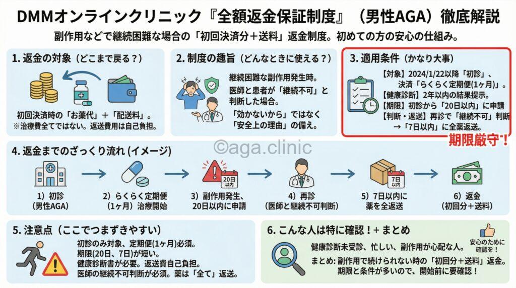 DMMオンラインクリニック男性AGAの返金保証の当サイトオリジナル解説イラスト