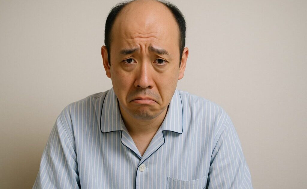 困った顔をしているハゲた男性