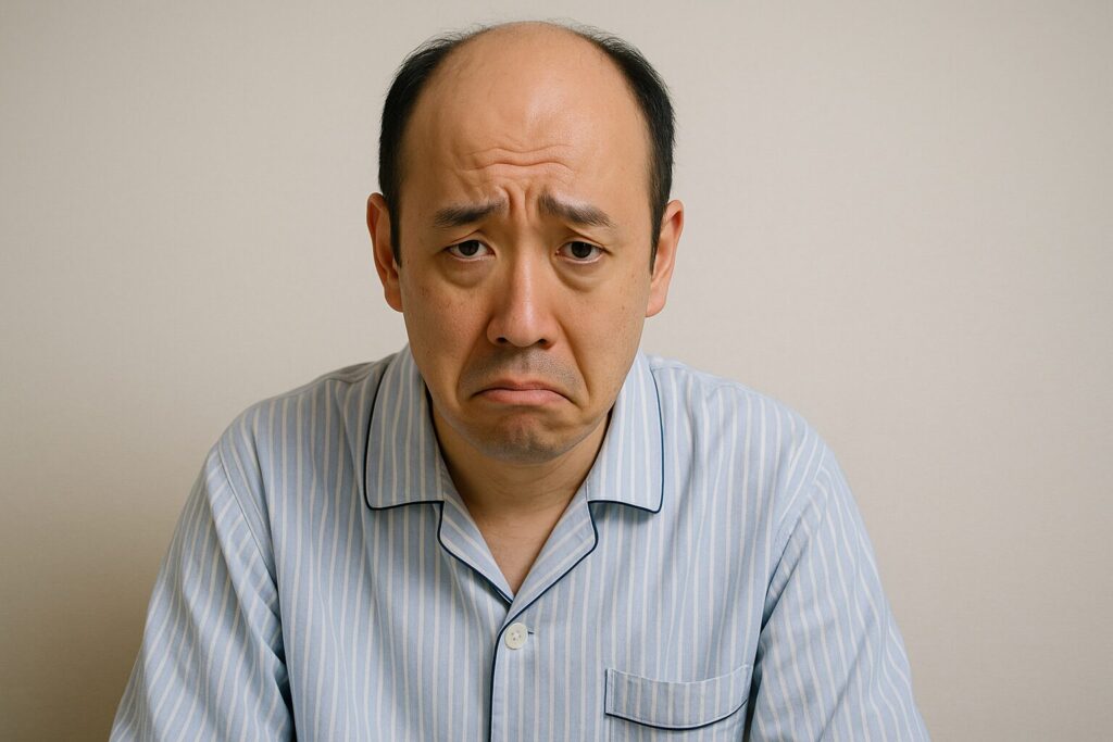 困った顔をしているハゲた男性