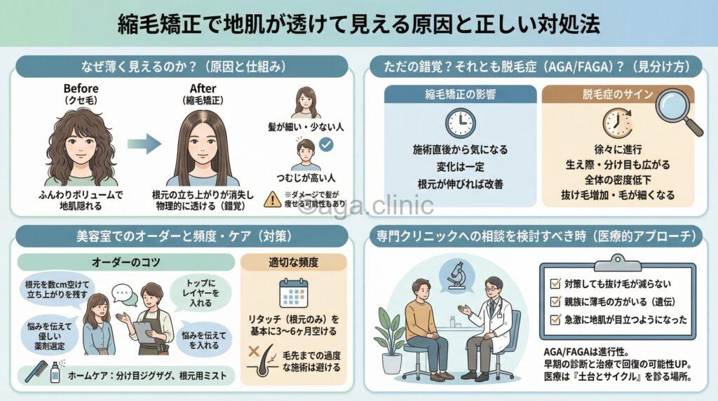 「縮毛矯正したらつむじはげが目立つようになった場合の対処法」というタイトル記事を要約した当サイトのオリジナル解説イラスト