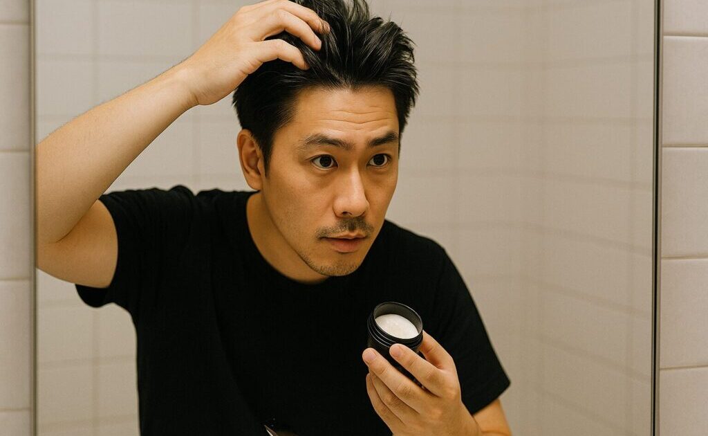 ヘアワックスを洗面台の鏡の前で使用してセットしている男性