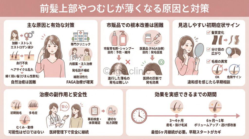 「前髪のすぐ上付近のつむじがはげかけている…原因と対策方法」というタイトル記事を要約した当サイトのオリジナル解説イラスト