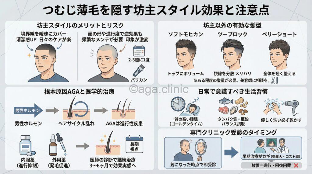 「つむじはげの人は坊主にした方が目立たない?注意点と解決策」というタイトル記事を要約した当サイトのオリジナル解説イラスト