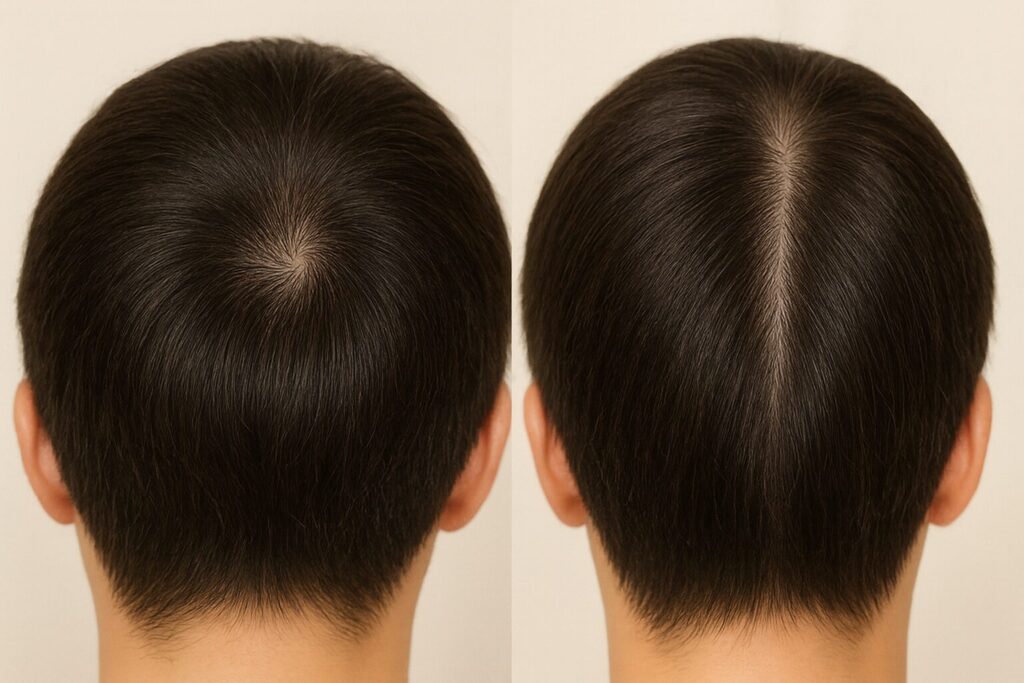 通常のつむじと線状のつむじの比較