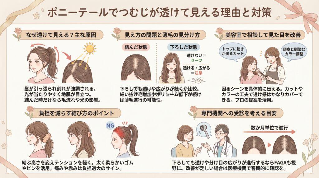 「ポニーテールにするとつむじがはげて見える場合の注意点と対策」というタイトル記事を要約した当サイトのオリジナル解説イラスト