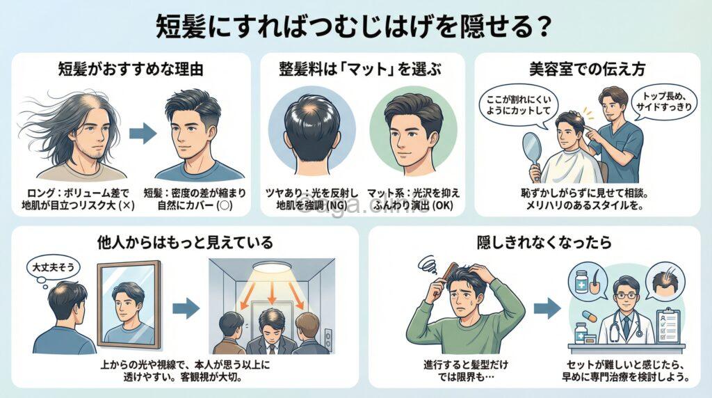 「短髪にすればつむじはげを隠せる?ロングヘアとどちらが良いか解説」というタイトル記事を要約した当サイトのオリジナル解説イラスト