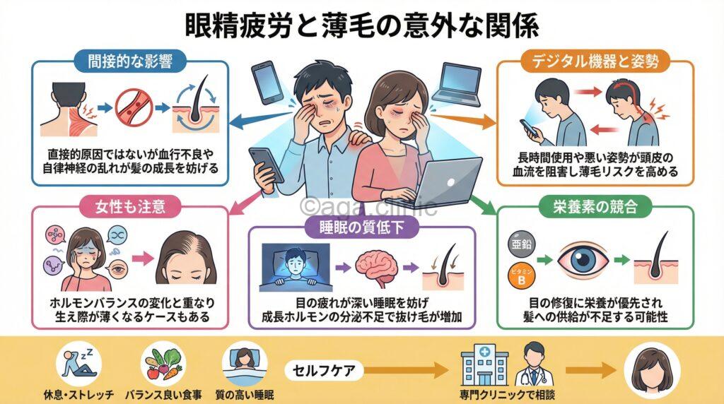 「眼精疲労が原因でM字はげになるのか？前髪の薄毛を解決する方法」というタイトル記事を要約した当サイトのオリジナル解説イラスト