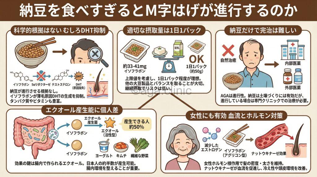 「納豆を食べすぎるとM字はげが進行するって本当?それとも改善する?」というタイトル記事を要約した当サイトのオリジナル解説イラスト