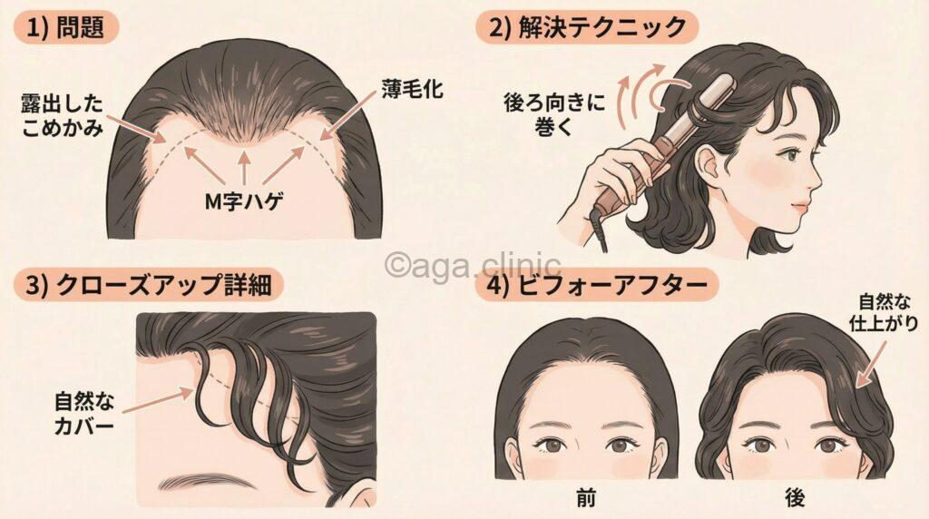後れ毛を後ろ方向へ流して生え際をカバーするテクニック
