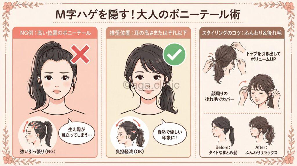 ポニーテールの結び方と位置