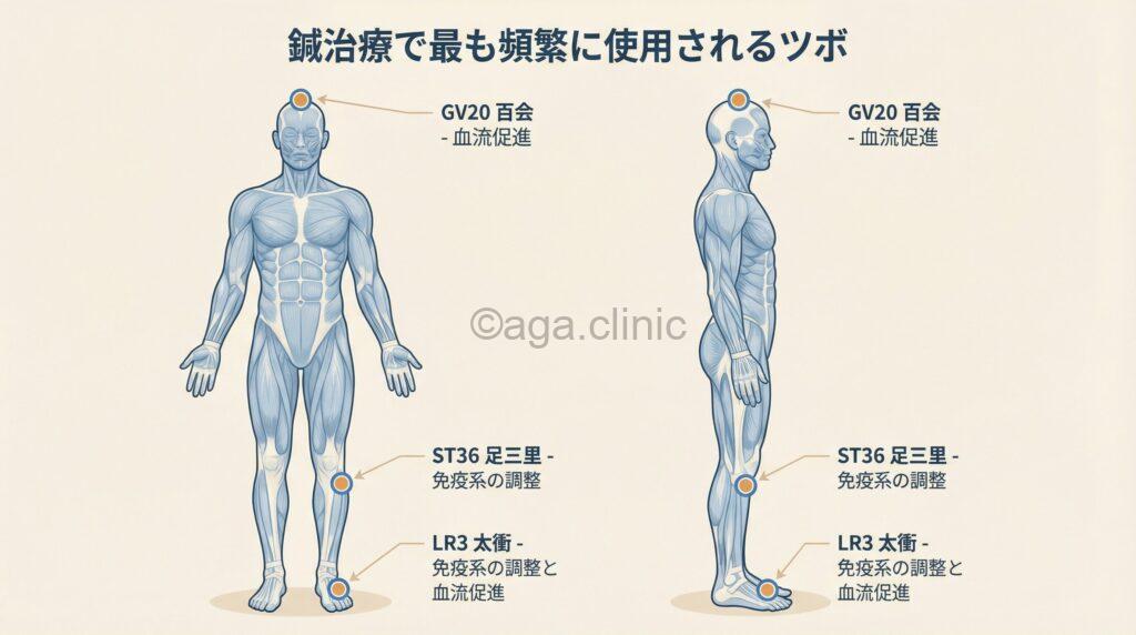 ST36（足三里）、GV20（百会）、LR3（太衝）