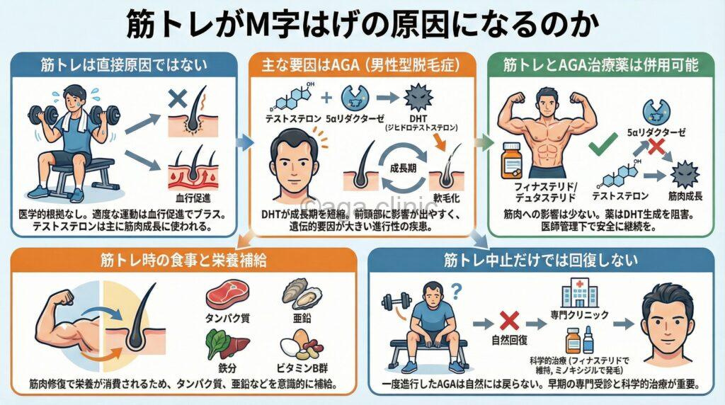 「M字はげになったのは筋トレのせい？やめたら髪はフサフサに戻る？」というタイトル記事を要約した当サイトのオリジナル解説イラスト