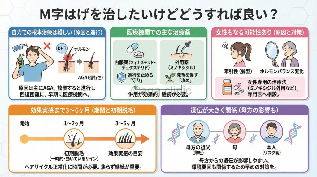 「M字はげを治したいけどどうすれば良い？自力で治す方法はある？」というタイトル記事を要約した当サイトのオリジナル解説イラスト