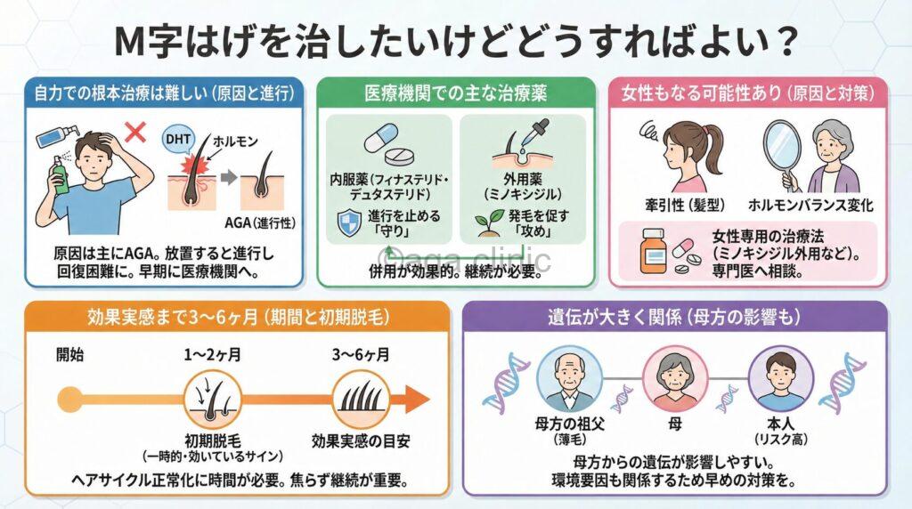 「M字はげを治したいけどどうすればよい？自力で治す方法はある？」というタイトル記事を要約した当サイトのオリジナル解説イラスト