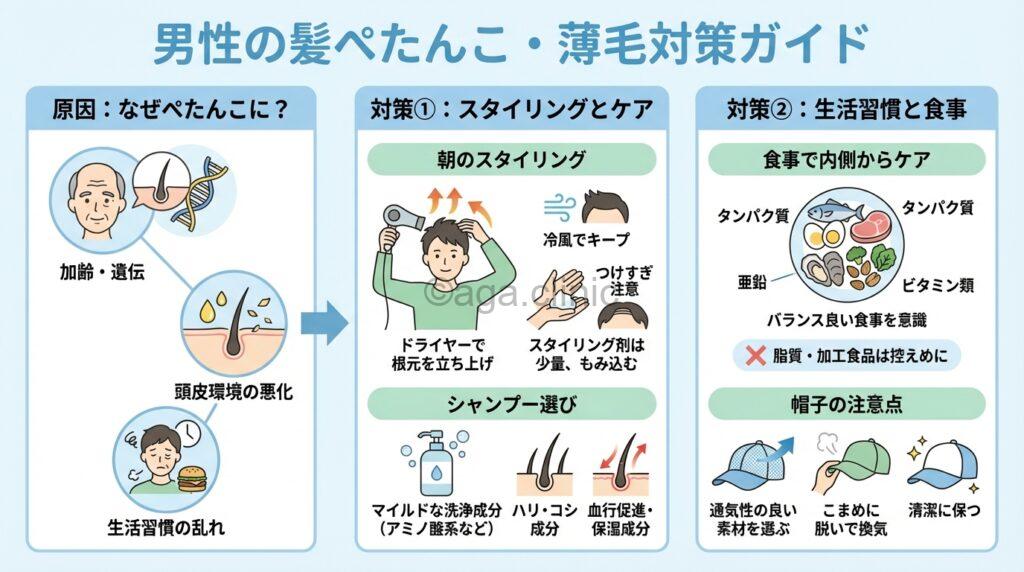 髪がぺたんこでハゲて見える男性