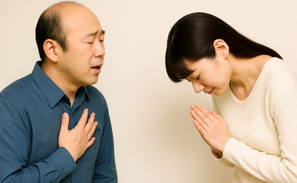 ハゲた男性が女性に告白して断られている様子