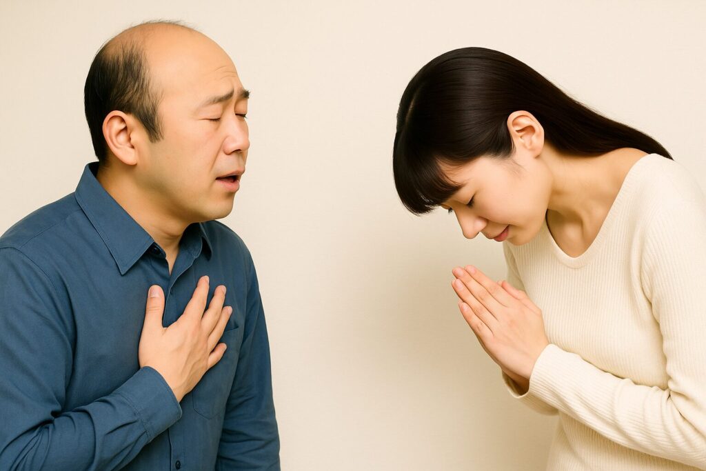ハゲた男性が女性に告白して断られている様子