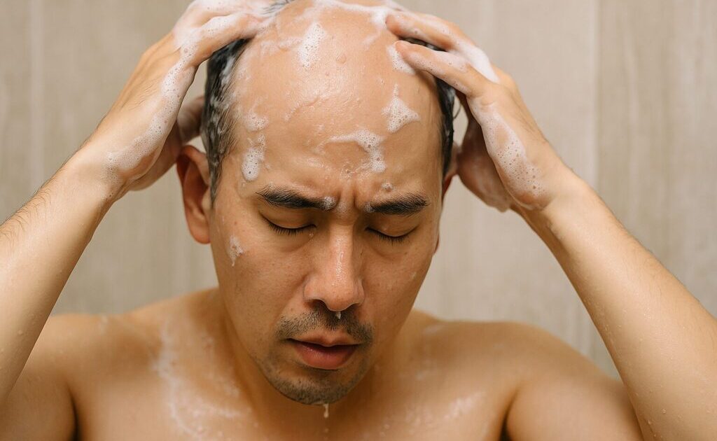 シャンプーをしているハゲた男性