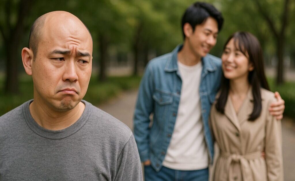 ハゲている男性がカップルを見ている様子