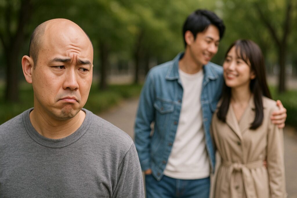 ハゲている男性がカップルを見ている様子