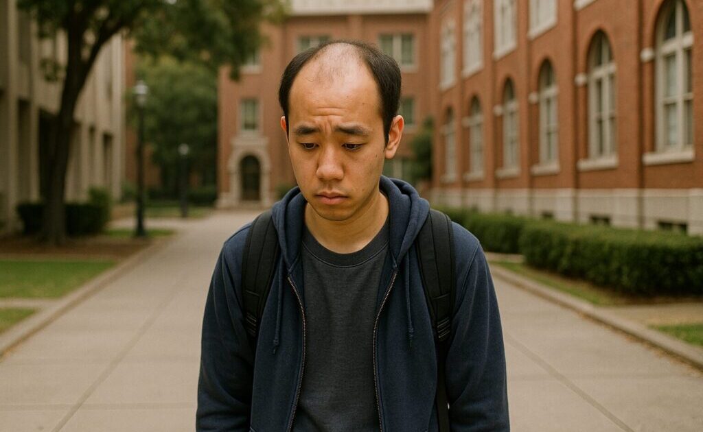 ハゲている大学生（男性）が大学の校内を歩いている様子