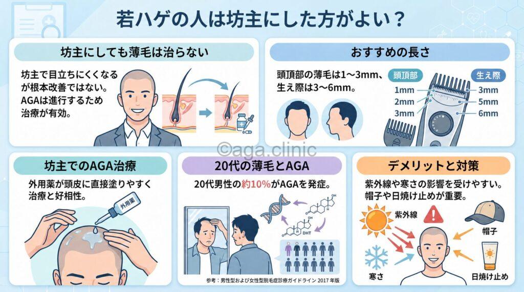 「若ハゲの人は坊主にした方がよい?AGA治療で将来は好きな髪型を楽しもう」というタイトル記事を要約した当サイトのオリジナル解説イラスト