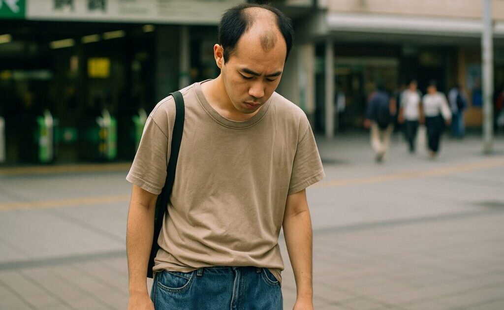 外で下を向きながら歩いているハゲた男性