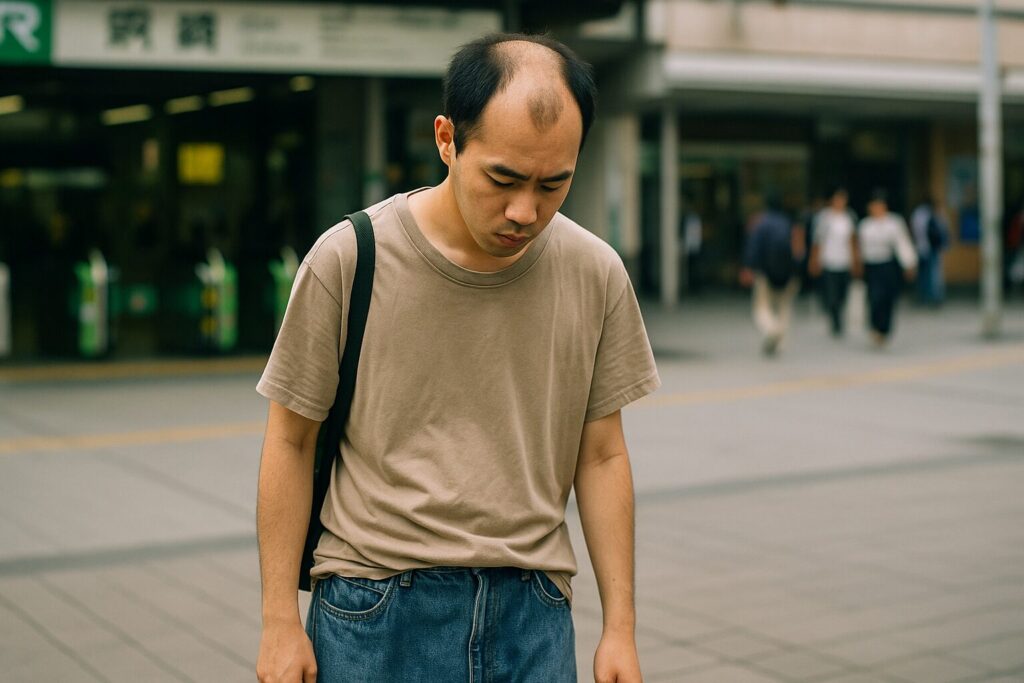 外で下を向きながら歩いているハゲた男性