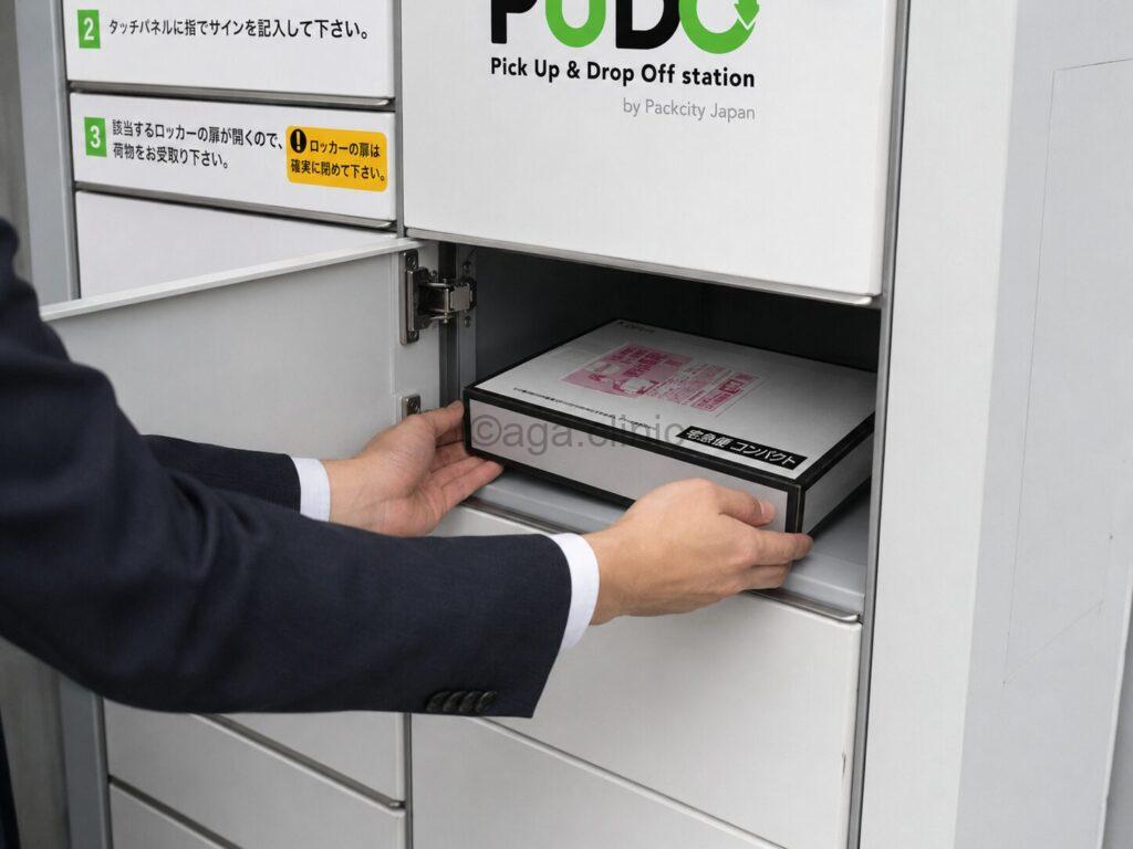 スーツを着た男性が宅配便ロッカーPUDOステーションからDMMオンラインクリニックのダンボールを取り出している様子