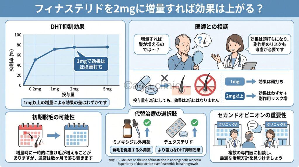 「フィナステリドを2mgに増量すれば効果は上がる？タイミングを解説」というタイトル記事を要約した当サイトのオリジナル解説イラスト