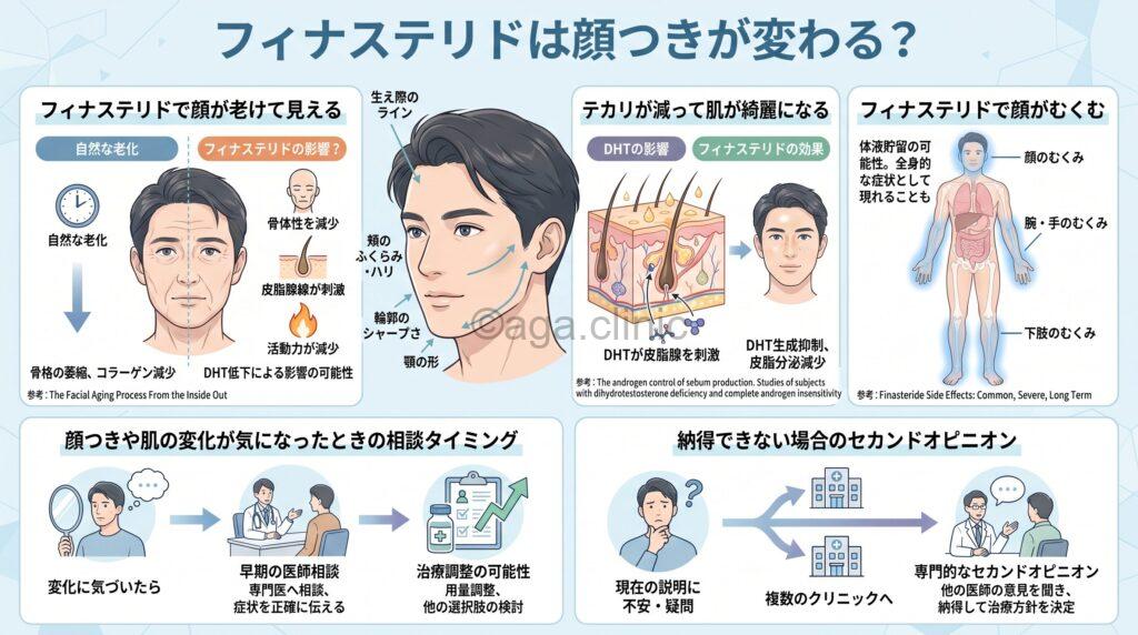 「フィナステリドは顔つきが変わり老ける？顔の脂が減り肌が綺麗になる？」というタイトル記事を要約した当サイトのオリジナル解説イラスト