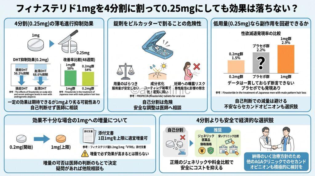 フィナステリド1mgを4分割に割って0.25mgにしても効果は落ちない?