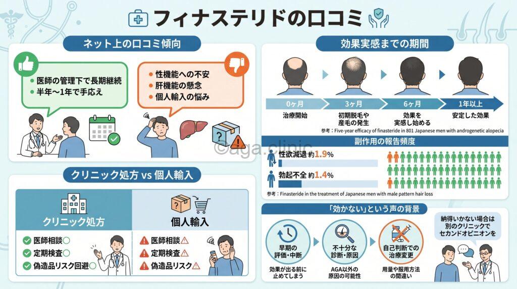 「【フィナステリドの口コミ】良い評判は効果面など・悪い評判はEDなど」というタイトル記事を要約した当サイトのオリジナル解説イラスト