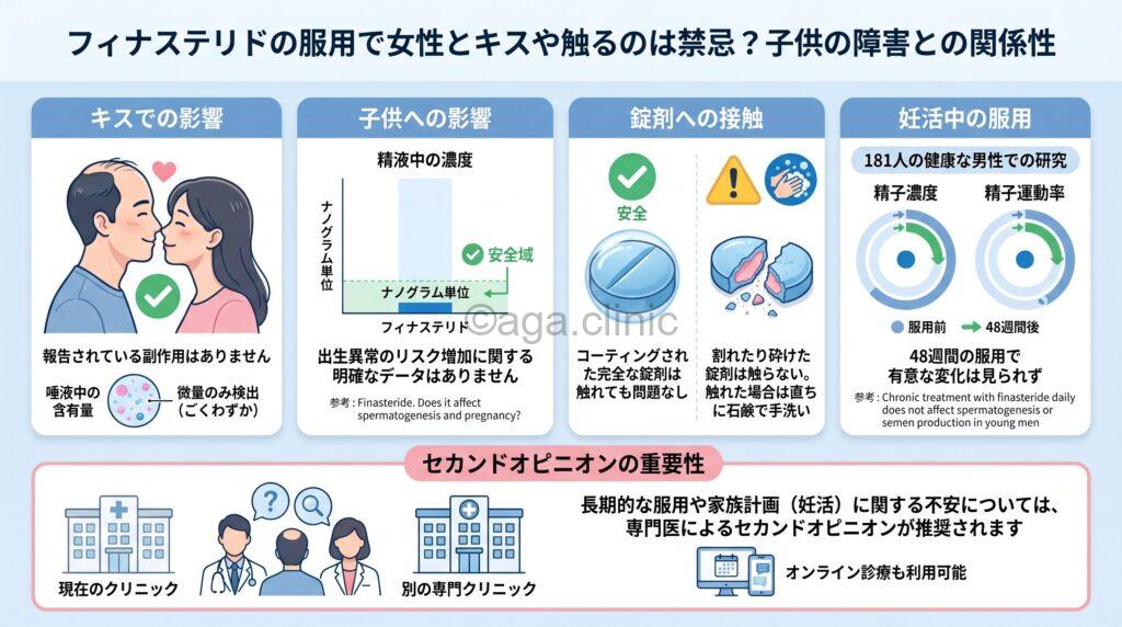 「フィナステリドの服用で女性とキスや触るのは禁忌？子供の障害との関係性」というタイトル記事を要約した当サイトのオリジナル解説イラスト