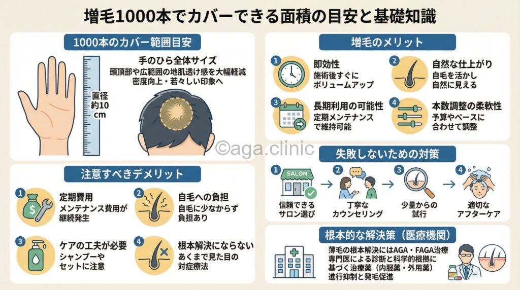 「増毛1000本はどのくらい面積をカバーできるのか?他の本数も合わせて解説」というタイトル記事を要約した当サイトのオリジナル解説イラスト