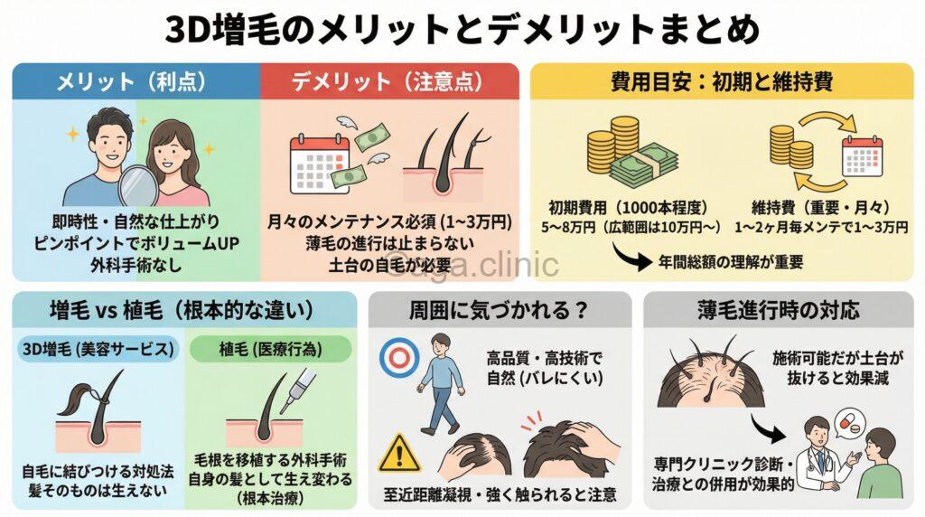 「3D増毛のメリット7つ・デメリット7つ徹底解説｜費用・痛み・バレる？」というタイトル記事を要約した当サイトのオリジナル解説イラスト
