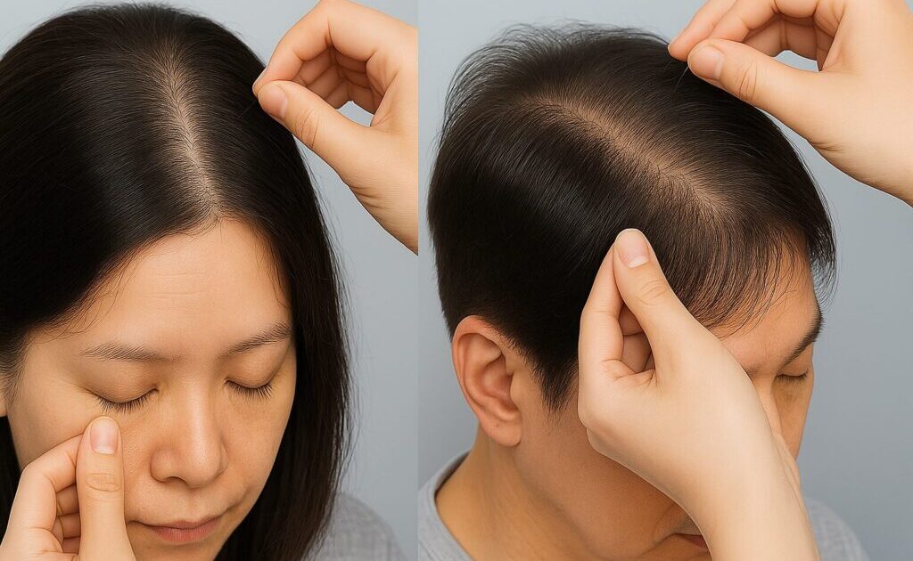 アデランスで毛をチェックしている様子