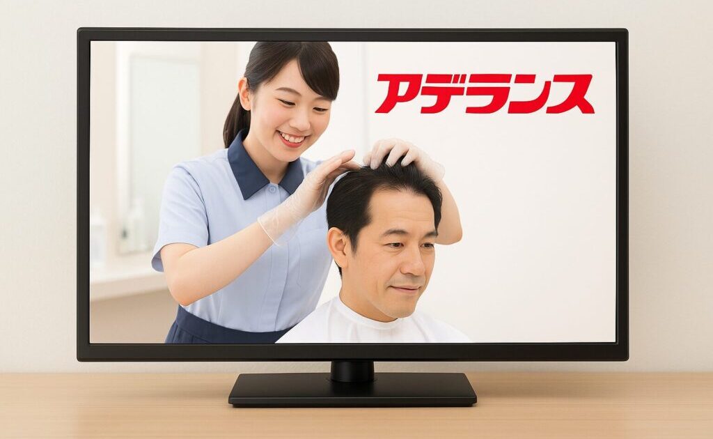 テレビにアデランスのCMが流れている様子