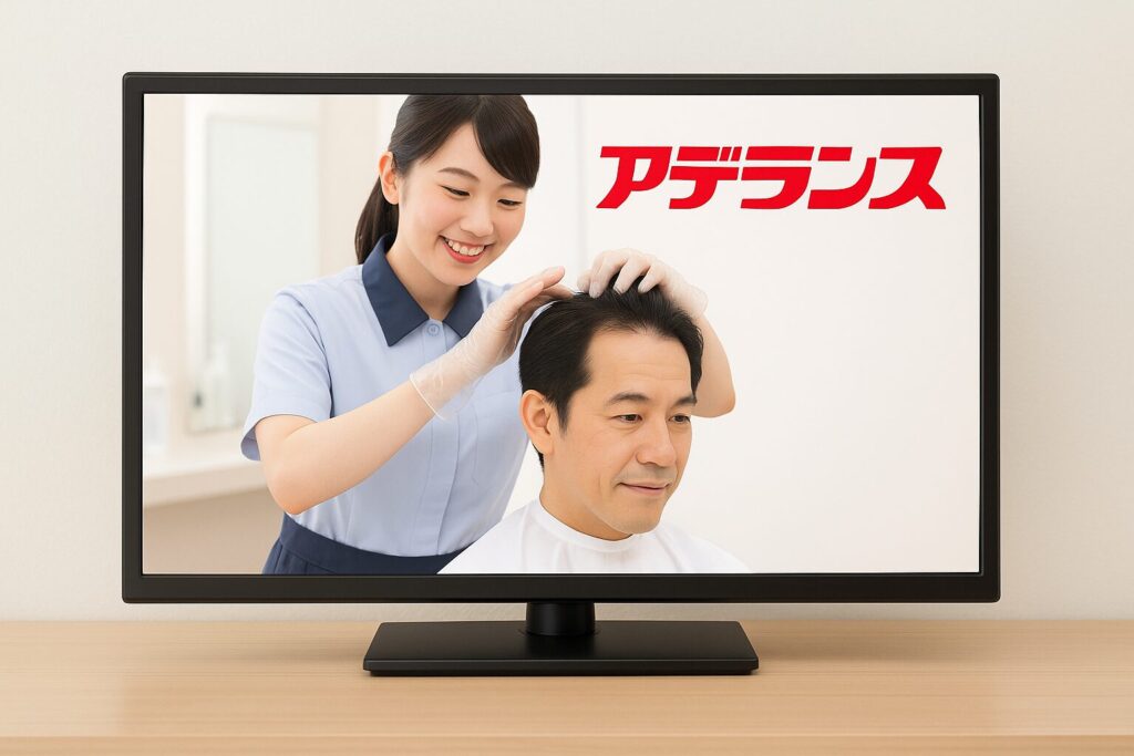 テレビにアデランスのCMが流れている様子