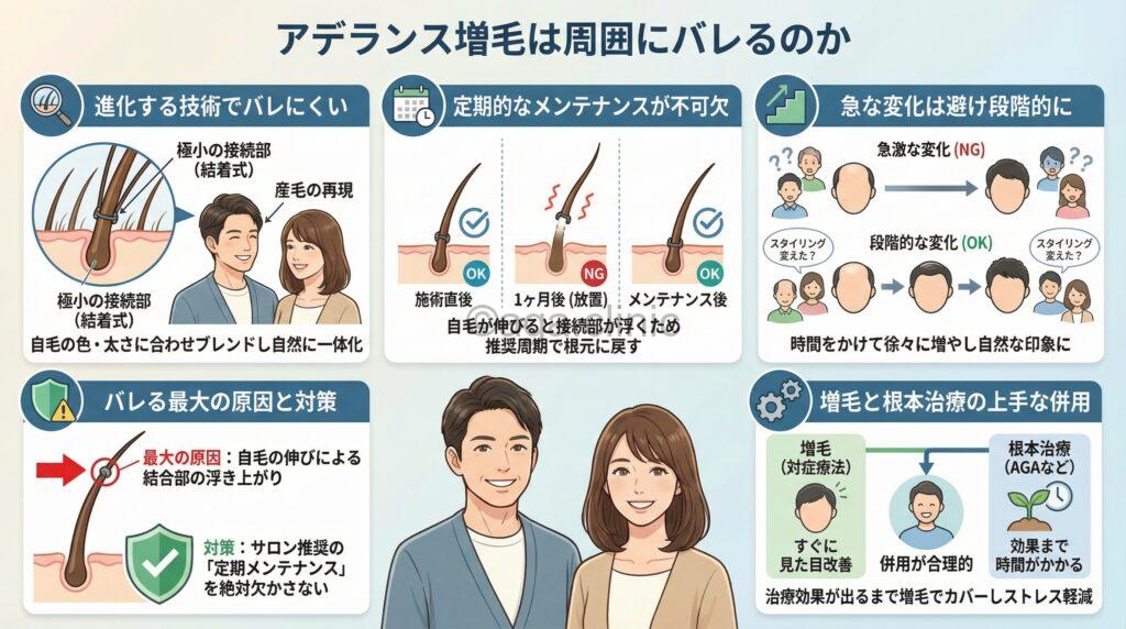 「アデランスの増毛はバレる？AGA治療とどちらがおすすめか徹底解説」というタイトル記事を要約した当サイトのオリジナル解説イラスト