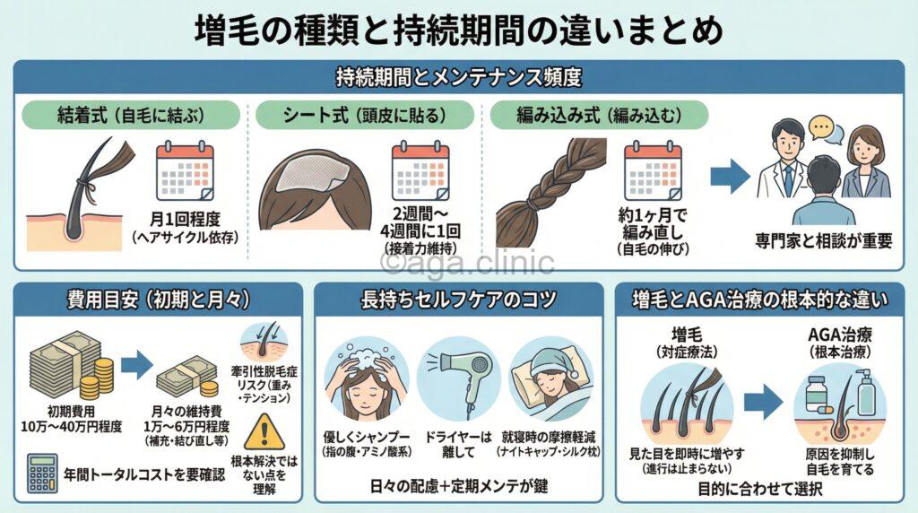 「増毛は何日もつ?持続期間を左右する5つの要因とAGA治療でもう気にしない」というタイトル記事を要約した当サイトのオリジナル解説イラスト