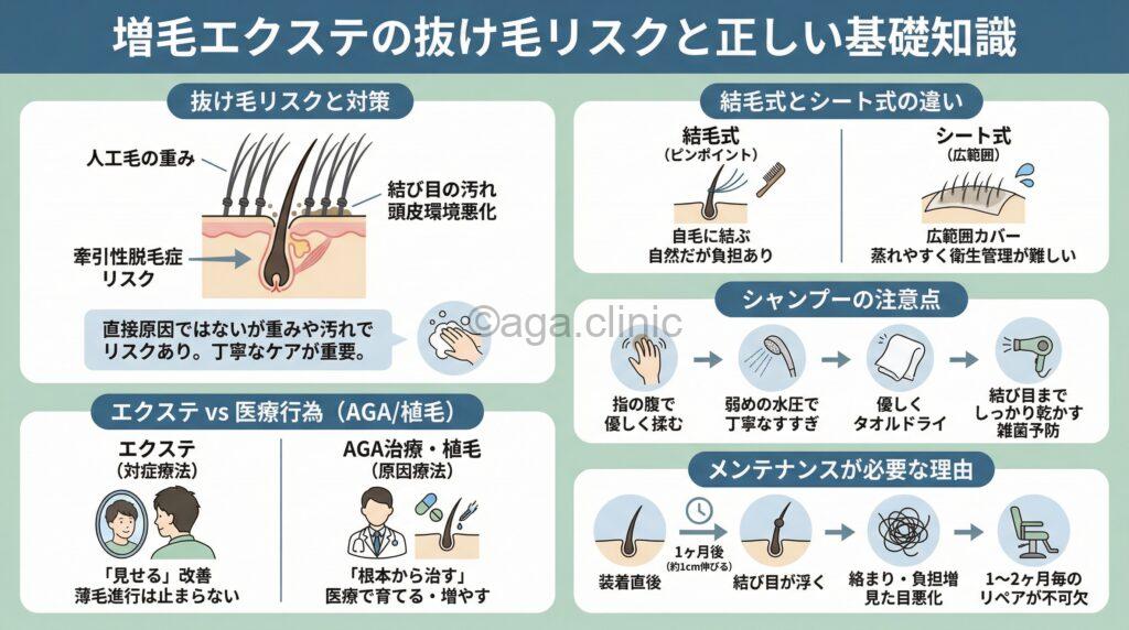 「増毛エクステはハゲる？考えられる5つの原因とAGA治療や植毛との違い」というタイトル記事を要約した当サイトのオリジナル解説イラスト