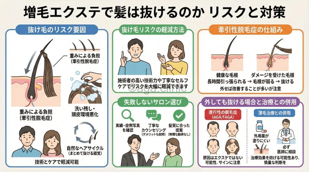 「増毛エクステしたら抜ける…5つの原因と牽引性脱毛症やAGAの可能性も」というタイトル記事を要約した当サイトのオリジナル解説イラスト