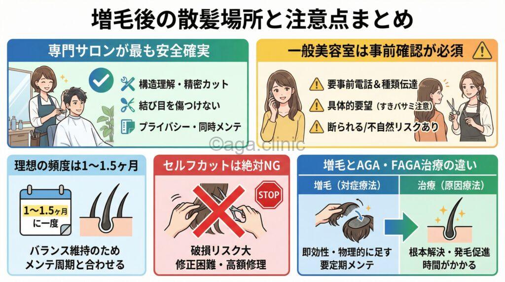 「増毛後の散髪はどこですれば良い?結着式・シート式で違う!頻度と注意点」というタイトル記事を要約した当サイトのオリジナル解説イラスト