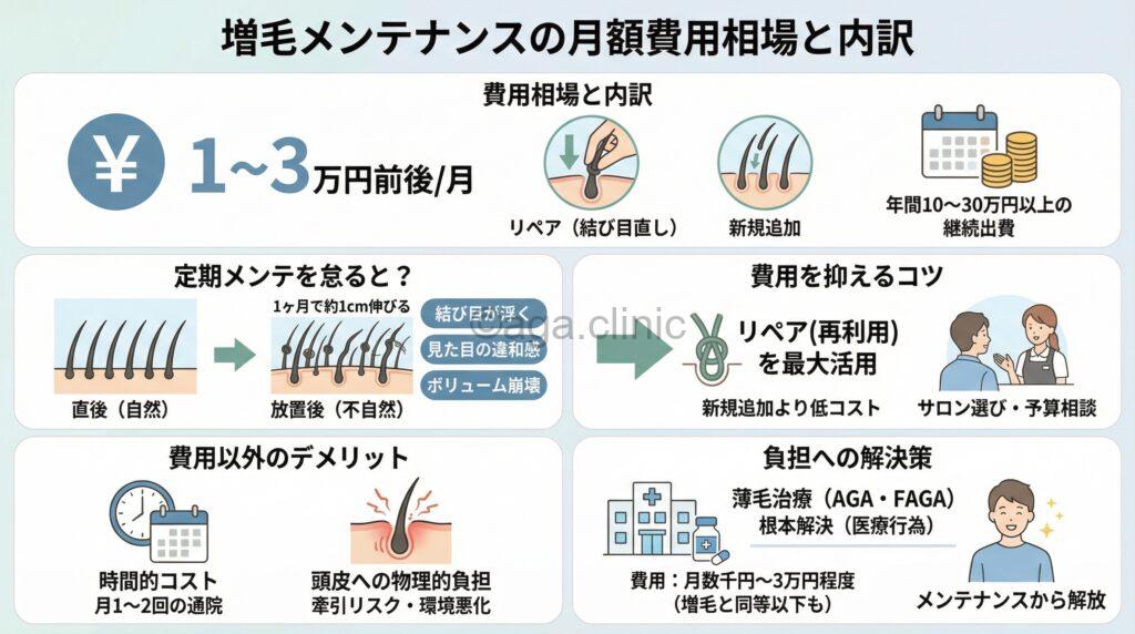 「増毛のメンテナンス費用はいくらくらい？負担を感じる場合の解決方法」というタイトル記事を要約した当サイトのオリジナル解説イラスト