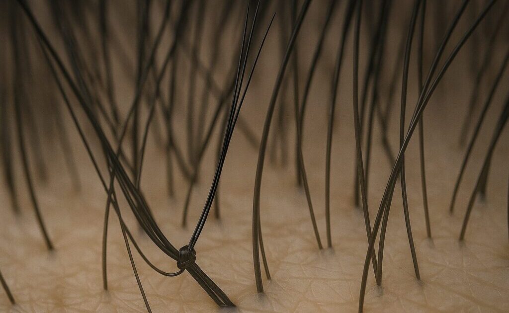 髪の毛1本に2本の増毛を結毛式でついている