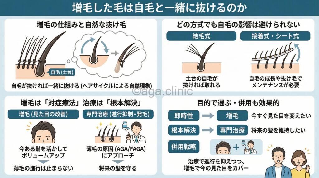 「元の毛が抜けたら増毛した毛も抜ける？結毛式・接着式・シート式別に解説」というタイトル記事を要約した当サイトのオリジナル解説イラスト
