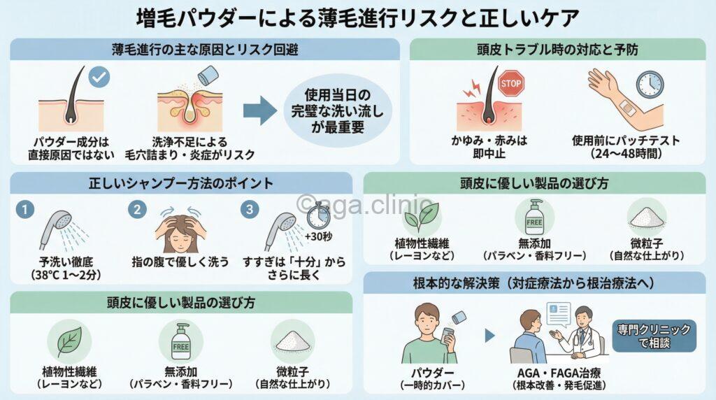 「増毛パウダーはハゲる？薄毛がさらに進行してしまう危険性があるのか解説」というタイトル記事を要約した当サイトのオリジナル解説イラスト